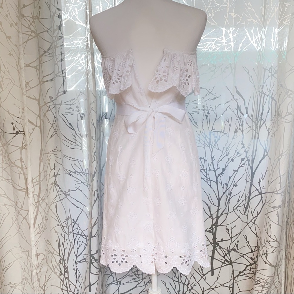 MILLY all white cotton strapless ruffle eyelet lace waist belt fitted dress - Picture 7 of 13